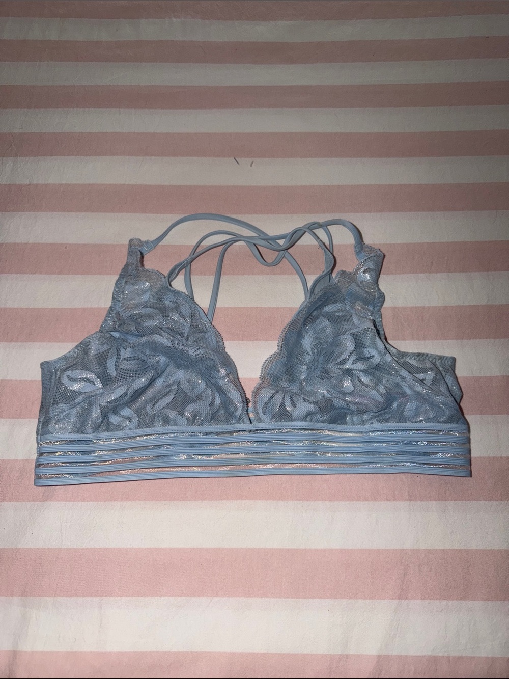 PINK VS size L light blue shimmer lace strappy back bralette